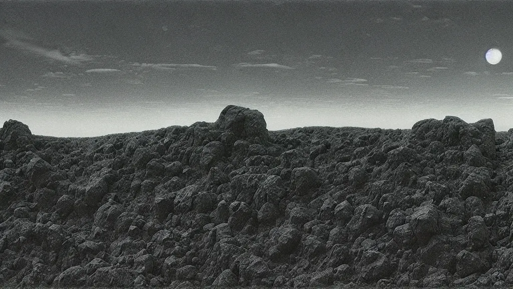 Image similar to close up of two men looking up the sky. the sky is totally black but the ground is full of rocks and vegetation. art by zdzisław beksinski