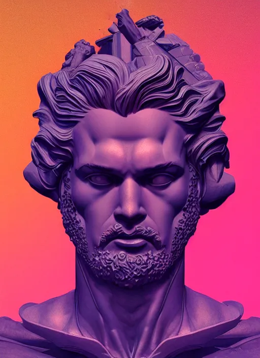 Image similar to statue of hercules, heroic, beeple, android jones, dan mumford, vaporwave, retrowave, black background, neon wiring, black, glitch, strong contrast, cuts, pinterest, trending on artstation