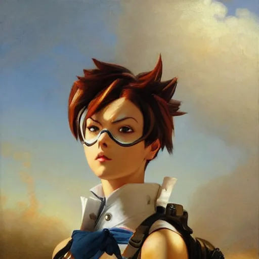 Image similar to oil painting of tracer overwatch in a field wearing spiked collar uniform, in style of ivan aivazovsky, expressive face, detailed face, detailed eyes, full body, feminine face, tracer overwatch,