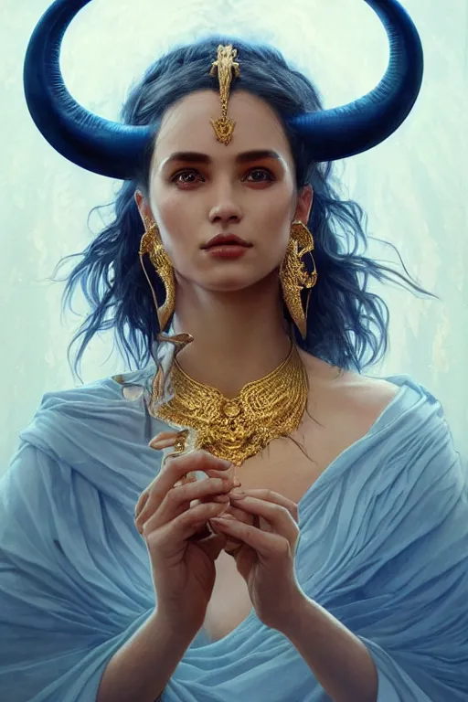 Prompt: a beautiful woman with deep blue skin, big natural ram horns on her head, flowing dress, gold jewellery, dnd, face, fantasy, intricate, elegant, highly detailed, digital painting, artstation, concept art, smooth, sharp focus, illustration, art by artgerm and greg rutkowski and alphonse mucha