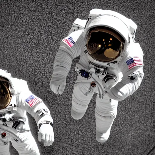 Prompt: two astronauts looking down at the camera, fish-eye lens, 15mm