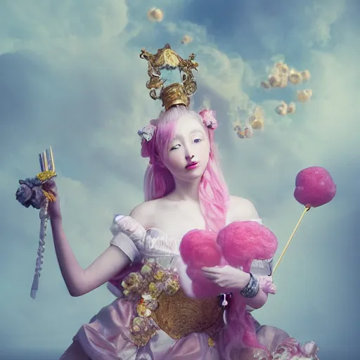 Image similar to 8 k, octane render, realism, tonalism, renaissance, rococo, baroque, portrait of a young lady wearing long harajuku manga dress with flowers and skulls, cotton candy!! ( background chaotic gold leaf flowers )