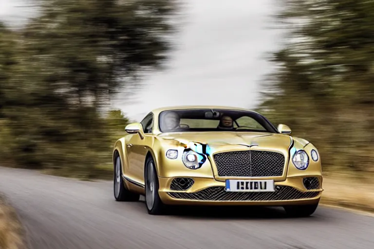 Image similar to Bentley Continental GT in shiny gold film drives along old Russian village road with houses around the edges