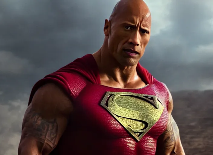 Image similar to film still of dwayne the rock johnson as superman in the new superman movie, 4 k