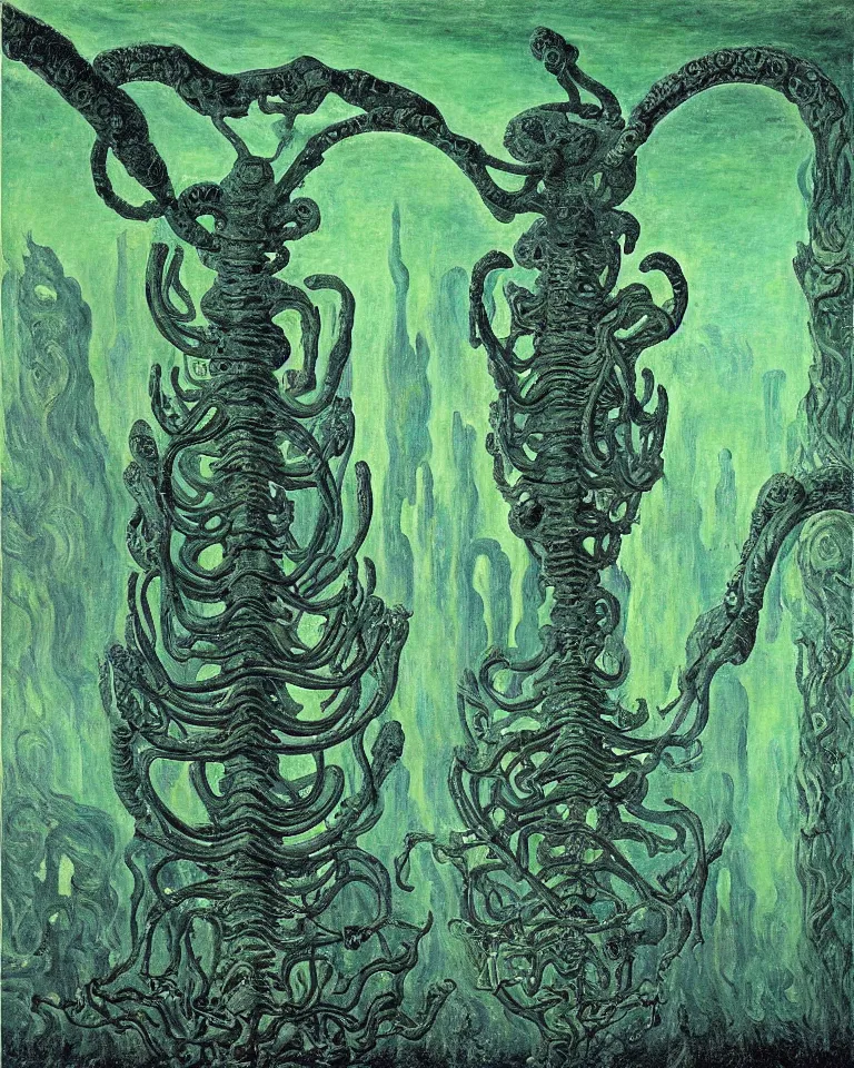 Prompt: achingly beautiful painting of intricate ancient giger alien structure on jade background by rene magritte, monet, and turner. giovanni battista piranesi.