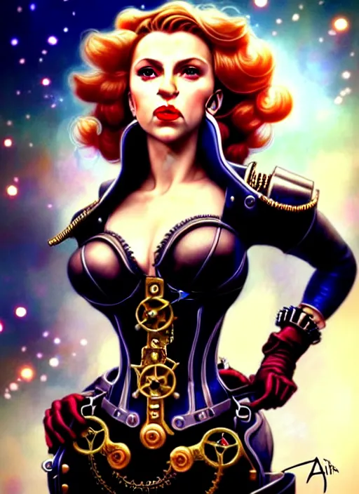 Image similar to front portrait hands on waist pose of attractive Scarlett Johansson as Lady Mechanika with dark wavy hair using white gloves, hand on waist pose!, Intricate steampunk imagery , D&D!, fantasy style, sharp focus!, ultra detailed, art by Artgerm and Peter Andrew Jones, WLUP