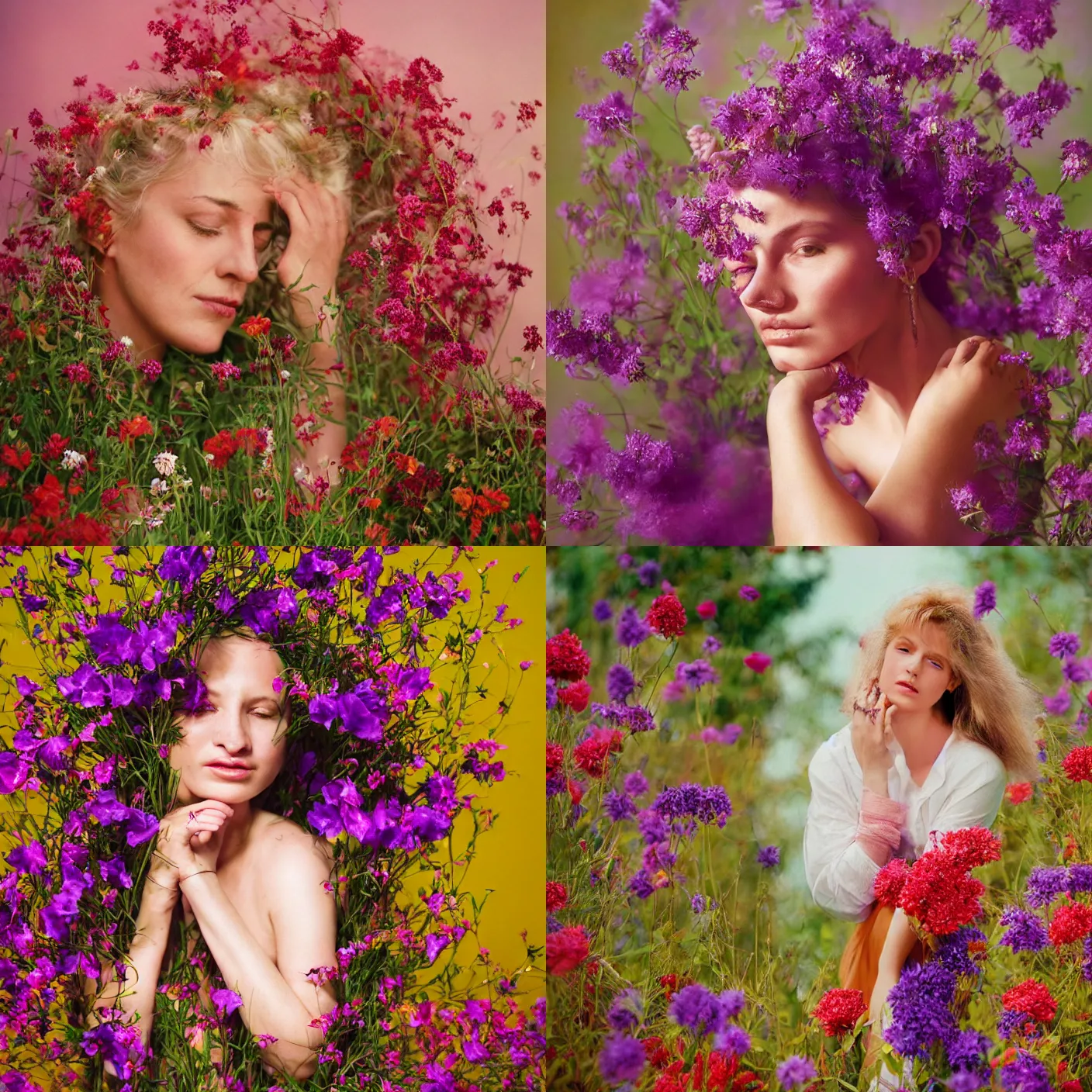 Prompt: A head and shoulder frontal face portrait photography of beautiful woman surrounded by big purple and red flowers by Annie Leibovitz. Photoshoot. White hair. Closed eyes. Golden hour. Kodak Color Plus 400 film. extremely detailed hyperrealist. Rembrandt light style. swirly bokeh. warm light. muted colors. lens flare. photoreal. Medium format photography. Leica M9.