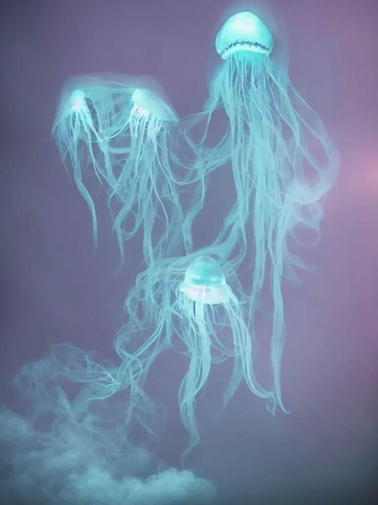 Prompt: cute fumo plush smiling ectoplasmic gothic skeletal jellyfish ghost girl, glowing milky wisps of hazy smoke and volumetric fog, lens flare, subsurface scattering, vignette, asymmetry, bokeh, refraction, vray