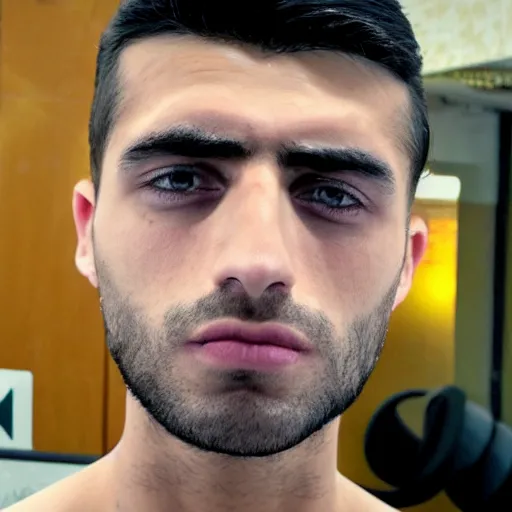 Image similar to a closeup shot of handsome esfand from twitch, gigachad, strong jawline, photorealism, 8k