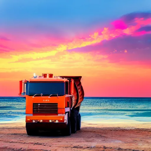 Image similar to a mining dump truck chilling on the beach, sunset, vaporwave