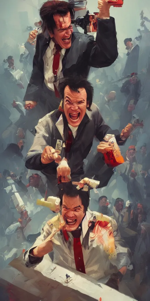 Image similar to Every Tarantino ever laughing at you, Darek Zabrocki, Karlkka, Jayison Devadas, Phuoc Quan, trending on Artstation, 8K, ultra wide angle, pincushion lens effect