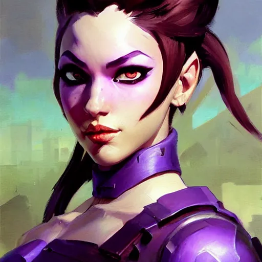 Image similar to greg manchess portrait painting of partially armored violet from league of legends as overwatch character, medium shot, asymmetrical, profile picture, organic painting, sunny day, matte painting, bold shapes, hard edges, street art, trending on artstation, by huang guangjian, gil elvgren, ruan jia, greg rutkowski, gaston bussiere