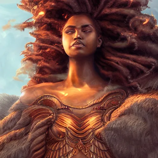 Image similar to a colossal goddess, creative, brown skin, giant, digital art, in the city, in town, highly detailed, photo manipulation, up there, fire hair, digital painting, smoke, artstation