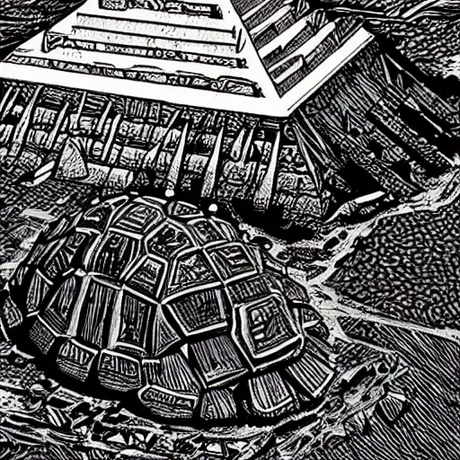 Image similar to gigantic colossal tortoise in the desert below pyramid ziggurat highly detailed concept art schematic, Laurie Greasley