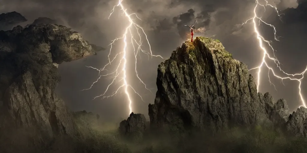 Image similar to god of thunder shooting lightning from his fingertips standing upon a rocky high mountain, surrounded by thunderclouds and lightning, dark, bright lighning, very detailed, 4 k