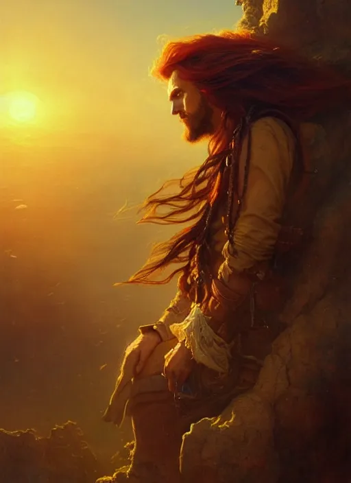 Image similar to portrait painting of a handsome rugged long hair crimson hair male pirate, soft hair steampunk ornate zeppelin in the sky sunset golden hour art by greg rutkowski gaston bussiere fantasy soft hair trending on artstation deviantart book cover art concept art key art dramatic volumetric lighting, 4 k, award winning