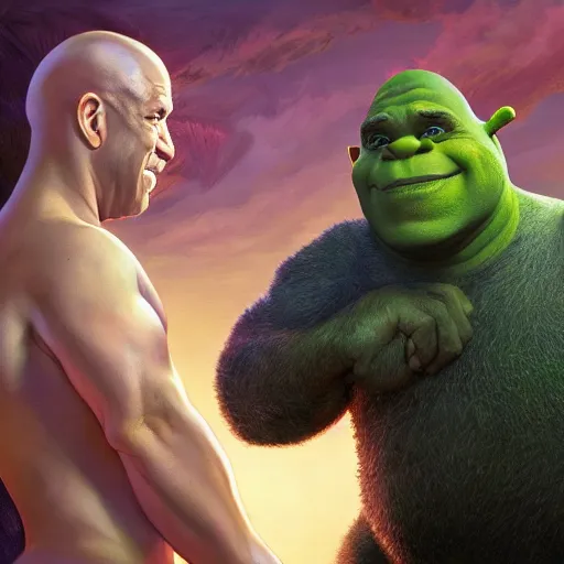 Image similar to Vin Diesel Shakes hands with Shrek, intricate, stunning, highly detailed, digital painting, artstation, concept art, smooth, sharp, focus, illustration, art by artgerm and greg rutkowski and alphonse mucha