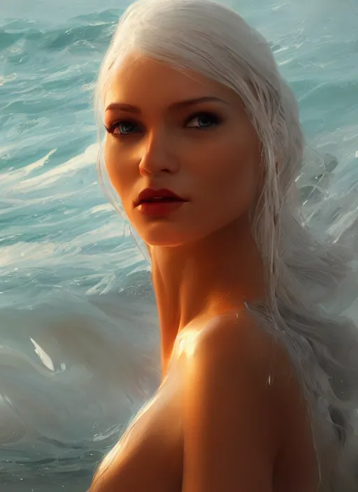 Image similar to a realistic detail portrait of a beautiful female angle has white hair in ocean, magic, dragon, oil painting by Julian calle, wlop, greg rutkowski, Finnian MacManus, Trending on artstation, red and yellow scheme, 8k, Unreal Engine