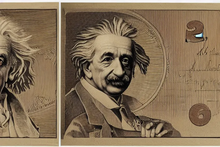 Prompt: an engraved portrait of albert einstein with equations of theory of relativity, detailed!!! copper - plate engraving in the style of money bills, fine!!! lines, engraved by alfred sealey, bureau of engraving and printing