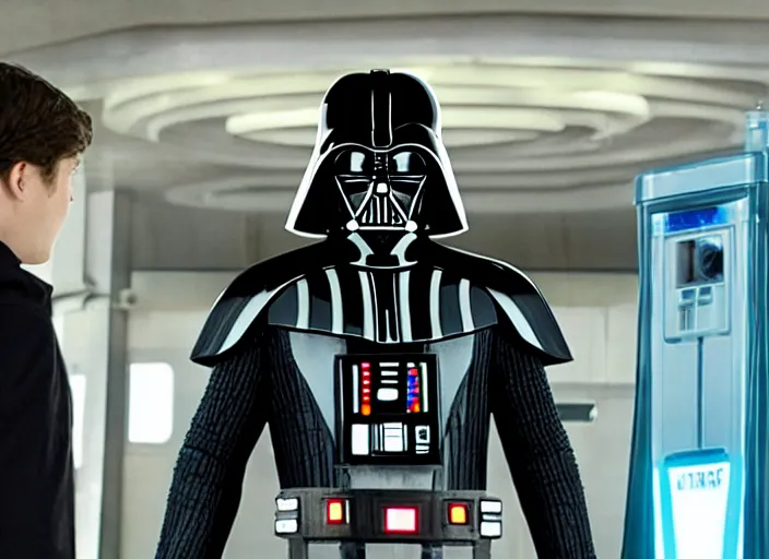 Image similar to film still of Darth Vader works at a gas station in the new Star Wars movie, 4k