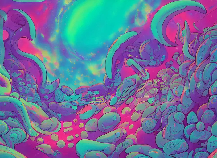 Image similar to a painting of muted synthwave colors and many blobby shapes, an ultrafine detailed painting by unkoku togan, pixiv contest winner, space art, cosmic horror, lovecraftian!, cthulu psychedelic