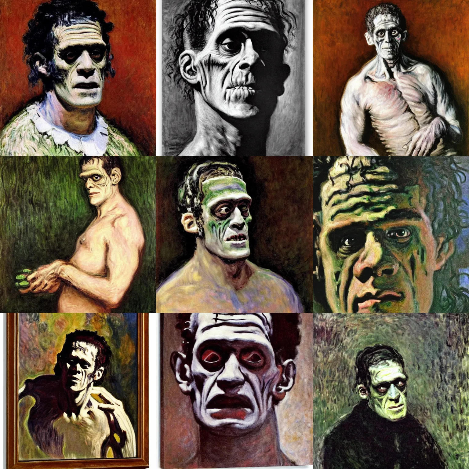 Prompt: candid portrait of Frankenstein by Claude Monet