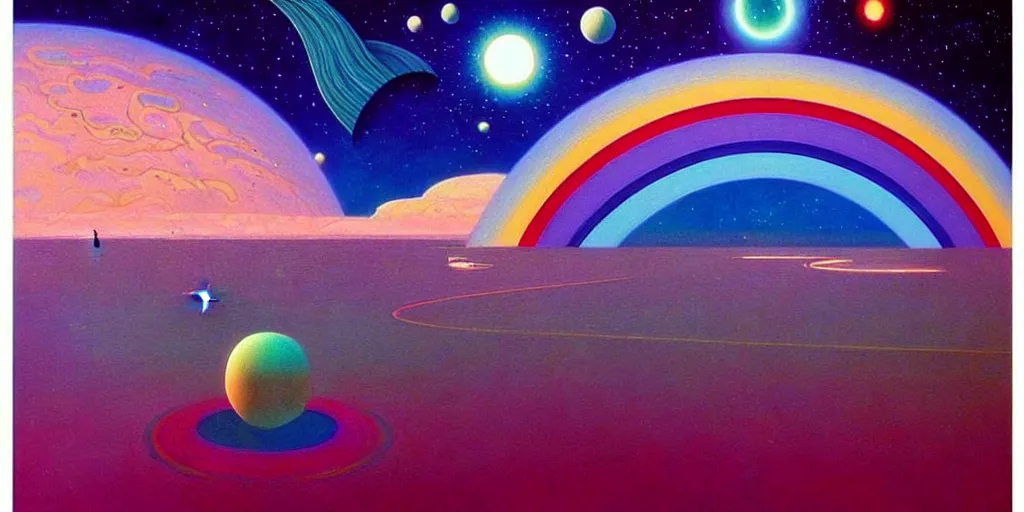 Image similar to time + space + reality, 🌈👾🌌, art deco, moebius, cinematic lighting, beautiful, elegant, oil painting,