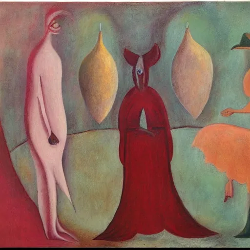 Prompt: abstract figurative art, leonora carrington style, lovers eat pears, dreamy, muted, pastel colors