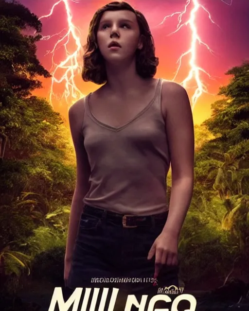 Image similar to Poster of Millie Bobby Brown in a jungle of lightning