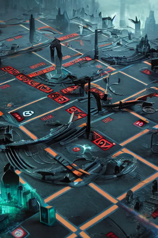 Image similar to A dystopian future in a life-size real life game of Monopoly, evil, demonic, angelic, environment concept, Rendered in Octane, trending on artstation, cgsociety, moody lighting rendered by octane engine, environment 8K artstation, cinematic lighting, intricate details, 4k detail post processing, hyperealistic, octane render, photo realism