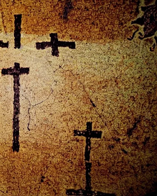 Prompt: cave painting, ultra hd, depiction of crosses and ufo, very detailed to photography