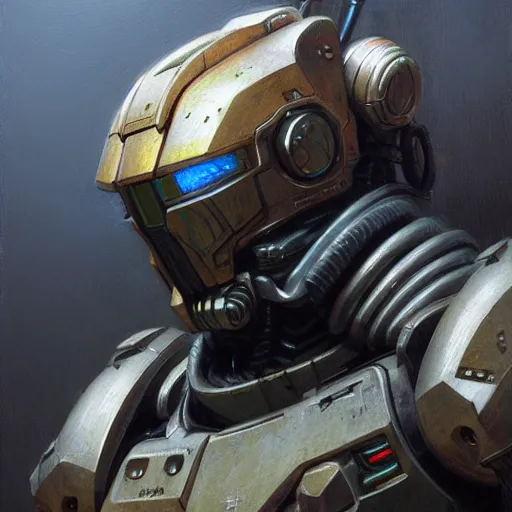 Image similar to the doomslayer, realistic scifi cyberpunk power armor robot, closeup portrait art by donato giancola and greg rutkowski, vintage retro scifi, realistic face, digital art, trending on artstation, symmetry