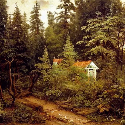 Image similar to small cottage in the forest by ivan shishkin, oil on canvas, highly detailed, whimsical, fantasy