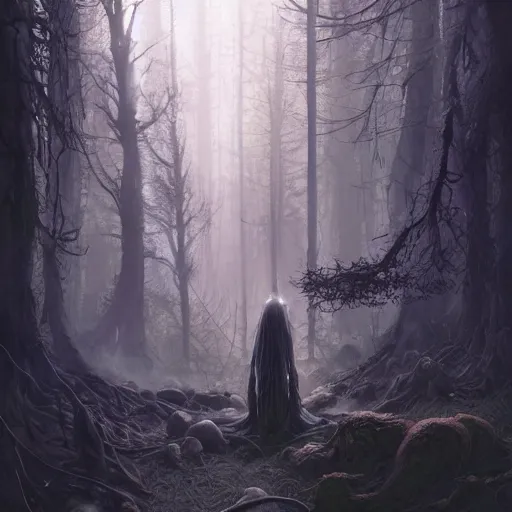 Image similar to highly detailed creepy forest humanoide creature in robes, stephen bliss, unreal engine, fantasy art by greg rutkowski, loish, rhads, ferdinand knab, makoto shinkai and lois van baarle, ilya kuvshinov, rossdraws, tom bagshaw, global illumination, radiant light, detailed and intricate environment