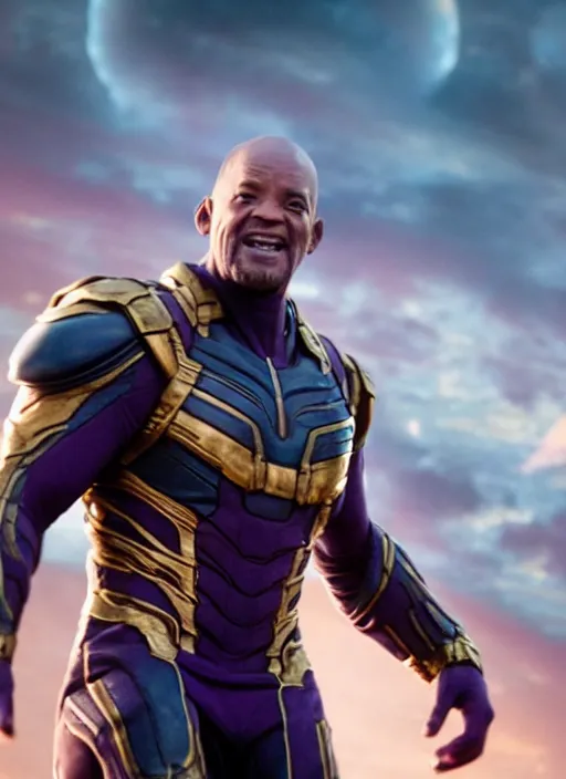 Image similar to film still of Will Smith as Thanos in Avengers Endgame, 4k