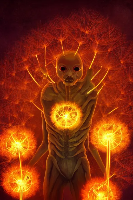 Image similar to a glowing humanoid figure dandelion monster with large glowing eyes, surrounded by fiery orange, highly detailed, digital art, sharp focus, trending on art station, artichoke, anime art style
