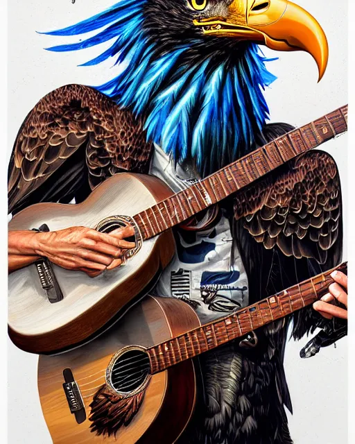 Image similar to a portrait of an anthropomorphic cyberpunk bald eagle screeching while strumming an acoustic guitar by sandra chevrier, by jon foster, detailed render, tape deck, epic composition, cybernetics, 4 k realistic, cryengine, realistic shaded lighting, sharp focus, masterpiece, by enki bilal