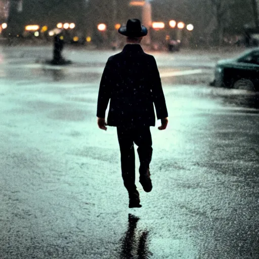 Image similar to a photograph of a man running down the street wearing a hat on a rainy day on expired kodak film, 3 5 mm, award - winning photograph, striking lighting, perfect composition