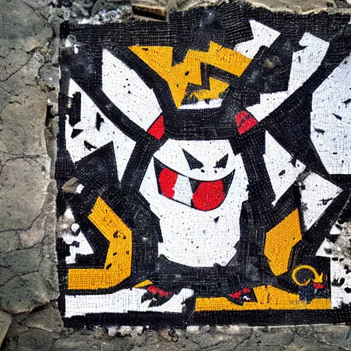 Prompt: Mimikyu pokemon Pompeii mosaic, color, broken, archaeology, cinematic