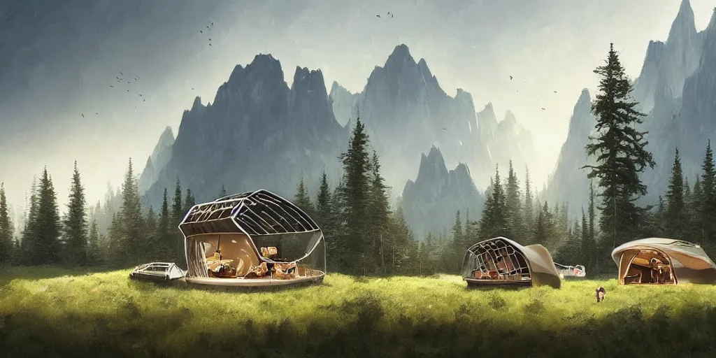 Image similar to cabela's beautiful comfortable futuristic pop up insulated all terrain family pod, cabin, modular, person in foreground, mountainous forested wilderness open fields, beautiful views, painterly concept art, joanna gaines, environmental concept art, farmhouse, magnolia, concept art illustration by ross tran, by james gurney, by craig mullins, by greg rutkowski trending on artstation