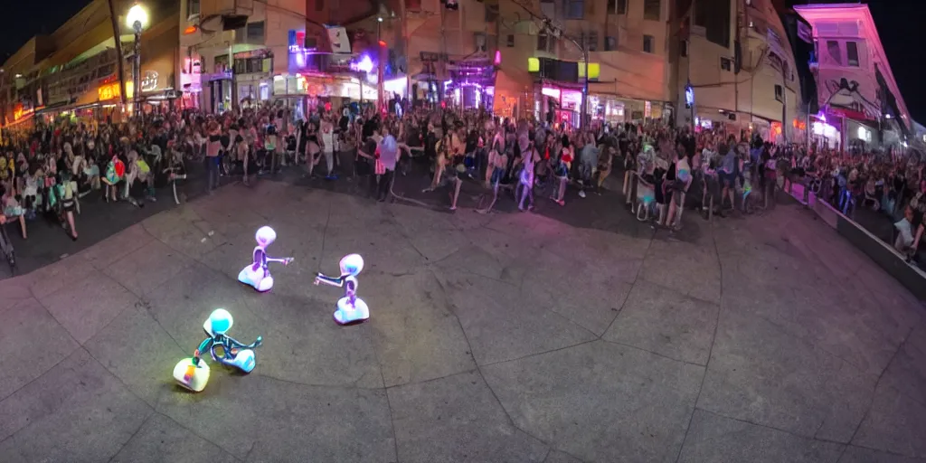 Prompt: two robots break dancing downtown at night, with a crowd watching, wide angle, go pro, photoreal