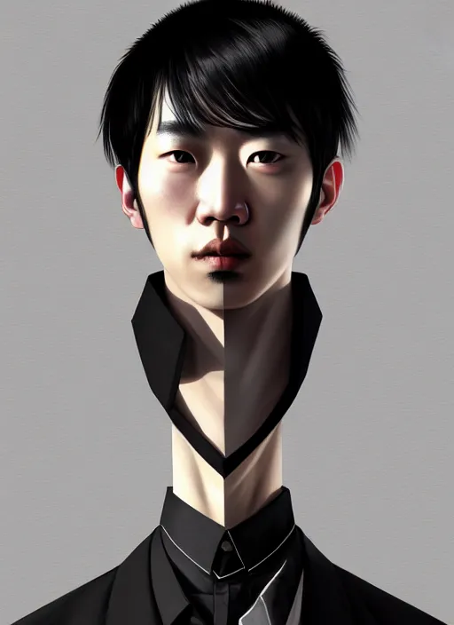 Prompt: portrait of a korean man with a crooked nose and a confident expression, 1 9 6 0 s, black clothes, goth, punk, brightly coloured hair, funk, intricate, elegant, highly detailed, digital painting, artstation, concept art, smooth, sharp focus, illustration, art by wlop, mars ravelo and greg rutkowski