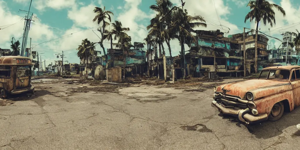 Image similar to wide angle shot of dilapidated fallout 5 tropical coastal city in real life, desolate, dilapidated, empty streets, some rusted retro futuristic vintage styled parked vehicles like cars, buses, trucks, trams, sunny weather, few clouds, volumetric lighting, photorealistic, daytime, spring, sharp focus, ultra detailed, technicolour 1