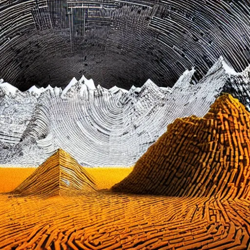 Image similar to a mountain made out of computer screens that display bitcoin logos, cinematic, post - apocalyptic landscape, harsh contrast lighting, in the style of surrealism, made by salvador dali