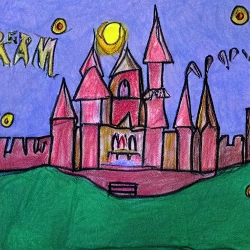 Image similar to child's drawing depiction of the castle of frozen ideal and dreams