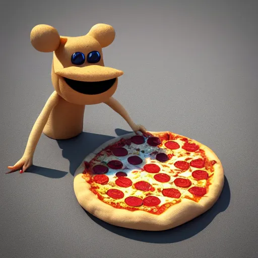 Image similar to an pizza creature enjoying the beach, 3 d render