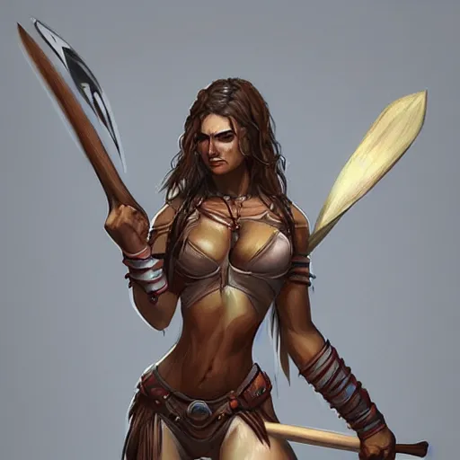 Prompt: amazon female warrior. masterpiece. has an axe. beautiful art. muscular woman. artstation. d & d