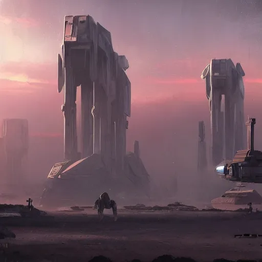 Image similar to star wars concept art by greg rutkowski, brutalist city in the middle of a savannah landscape, cinematic sunset lighting, dramatic atmosphere.