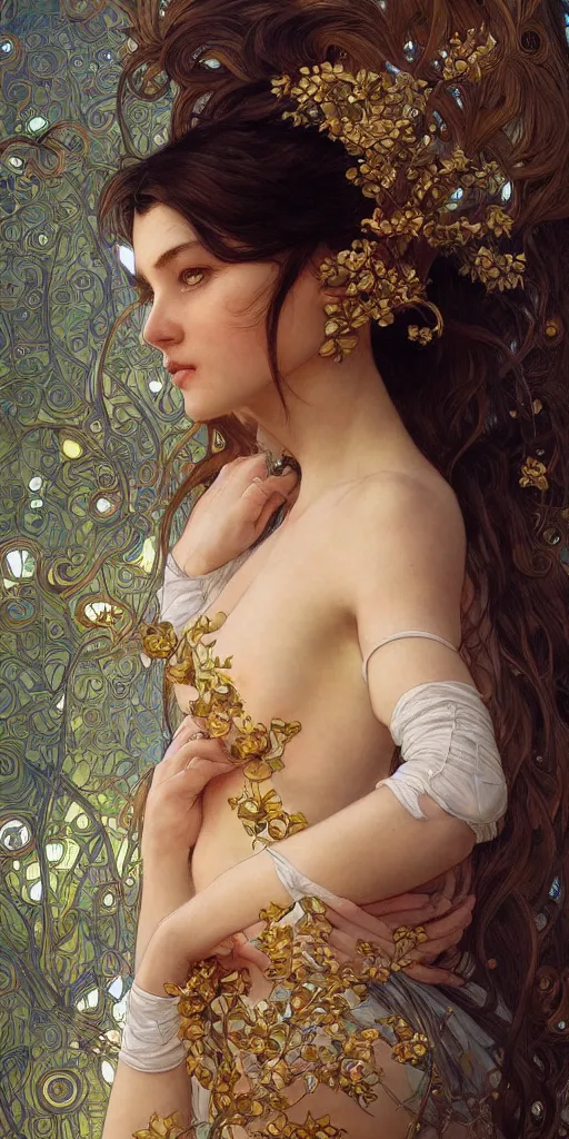 Image similar to ultra realistic illustration studio of a beautiful girl in an artistic pose, intricate, elegant, highly detailed, digital painting, artstation, concept art, smooth, sharp focus, illustration, art by artgerm and greg rutkowski and alphonse mucha by klimt