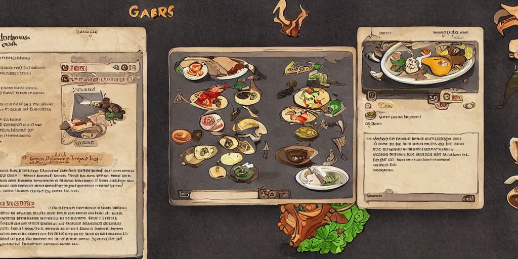 Image similar to card design concept art for a fantasy game about chefs and food and monsters